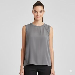Elie Tahari Blouse Top Medium Gray 100% Silk Hook and Eye Lace Up Sleeveless